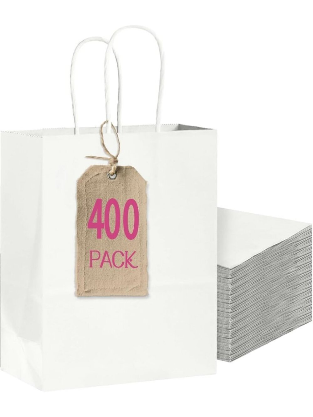 400-Pack Medium Gift Paper Bags with Handles - White Kraft Party Shopping Bags